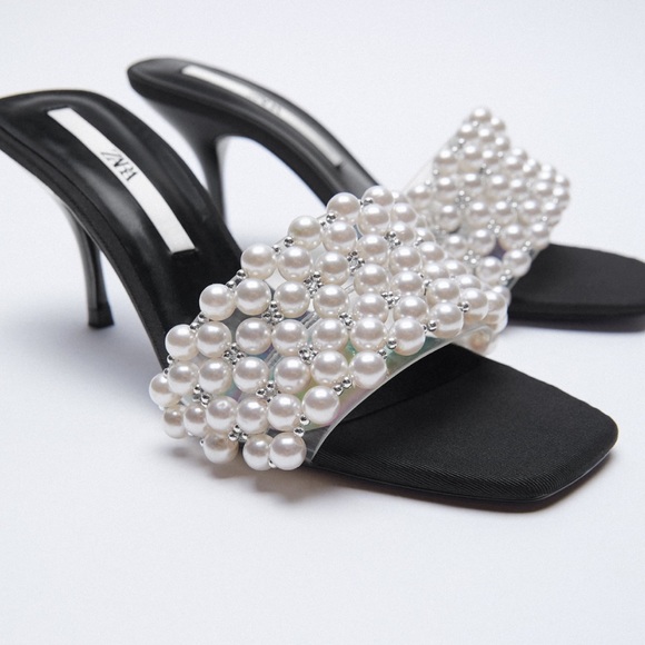 ZARA Pearl Trim Heeled Sandals 10/41 - Picture 2 of 6